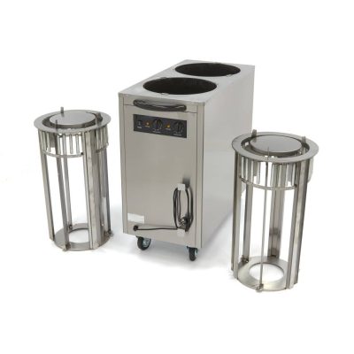Chauffe-assiettes professionnel mobile en acier inoxydable pour 80 pièces, modèle de 48 kg avec roues freins et thermostat réglable pour un maintien au chaud sécurisé.