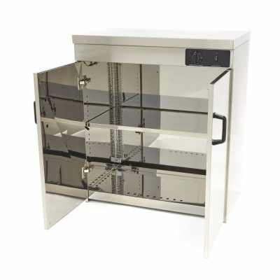 Chauffe-assiettes professionnel en acier inoxydable pour 120 pièces, modèle statique de 46 kg avec étagères réglables et thermostat de précision 30-85°C pour usage intensif.