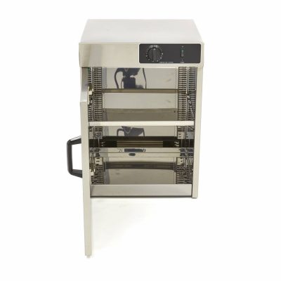 Chauffe-assiettes de table professionnel en acier inoxydable pour 30 pièces, modèle compact de 21 kg avec étagère réglable et thermostat de précision pour maintien au chaud.