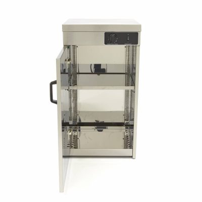 Chauffe-assiettes professionnel en acier inoxydable pour 60 pièces, modèle statique de 32 kg avec étagères réglables et thermostat de précision pour usage intensif.