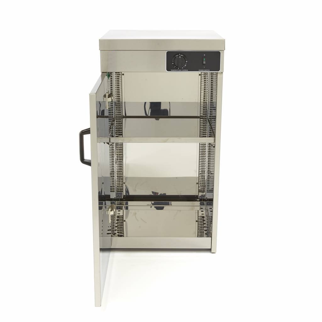 Chauffe-assiettes professionnel en acier inoxydable pour 60 pièces, modèle statique de 32 kg avec étagères réglables et thermostat de précision pour usage intensif.