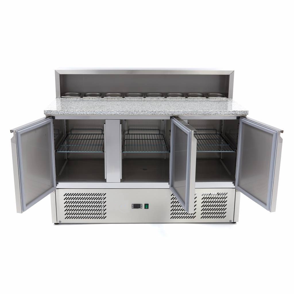 Table à Pizza Réfrigérée 400L - 3 Portes, Plan Granit & Vitrine 8 GN 1/6 – Image 2