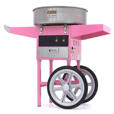 Machine à barbe à papa professionnelle rose sur chariot avec bol inox de 52 cm et tiroir de rangement pour fête foraine et événementiel