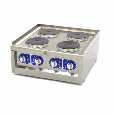 Table de cuisson professionnelle 4 plaques électrique avec foyers en fonte, châssis monobloc embouti et alimentation triphasée pour restauration