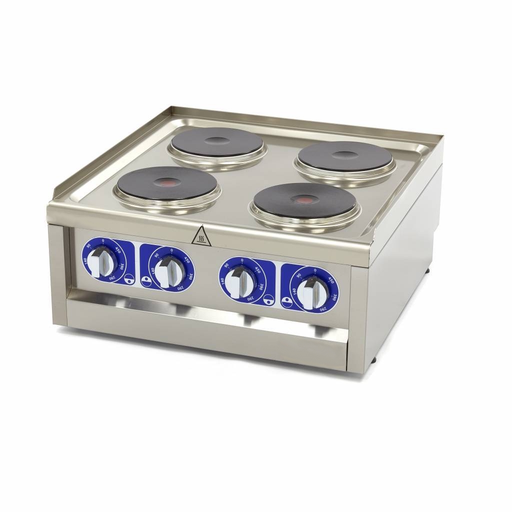 Table de cuisson professionnelle 4 plaques électrique avec foyers en fonte, châssis monobloc embouti et alimentation triphasée pour restauration