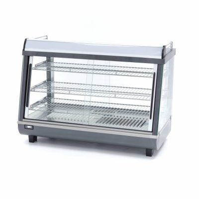 Vitrine chauffante professionnelle de 136 litres avec doubles portes coulissantes, éclairage LED interne et support publicitaire sur 91 cm pour snacks chauds.